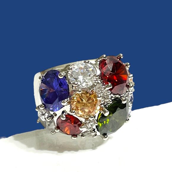 Nataliya Jewelry - NVC Nataliya V Collister Silver Tone Ring Zirconia Cluster Chunky Colorful Sz 5